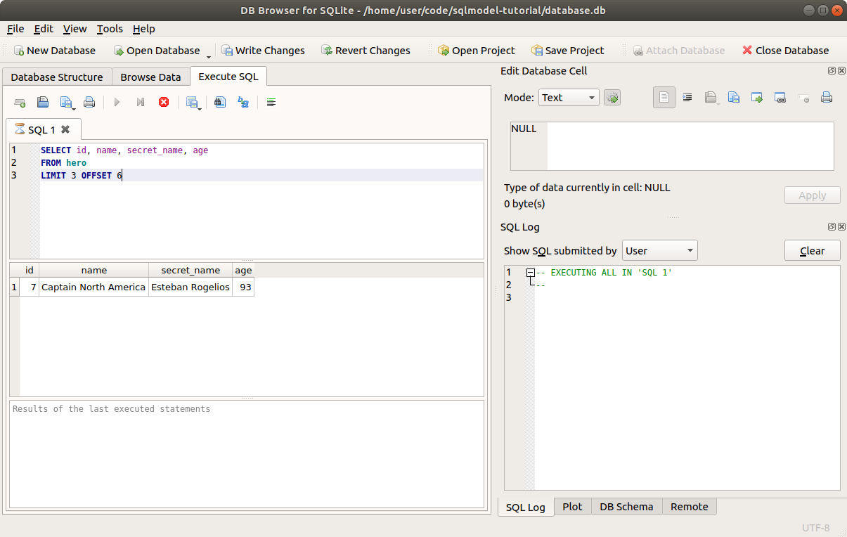 DB Browser for SQLite showing the result of the SQL query